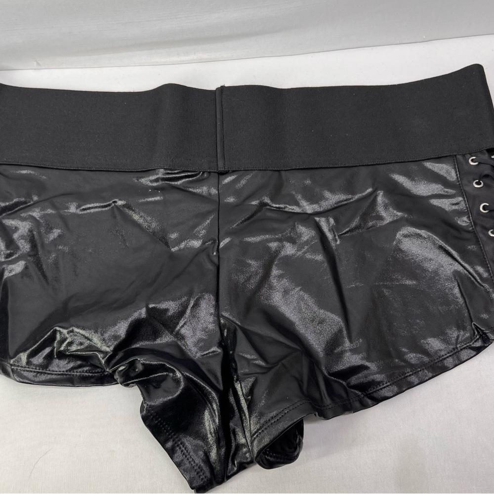 Darque Women's Black Shiny high waisted booty shirts - Picture 3 of 5